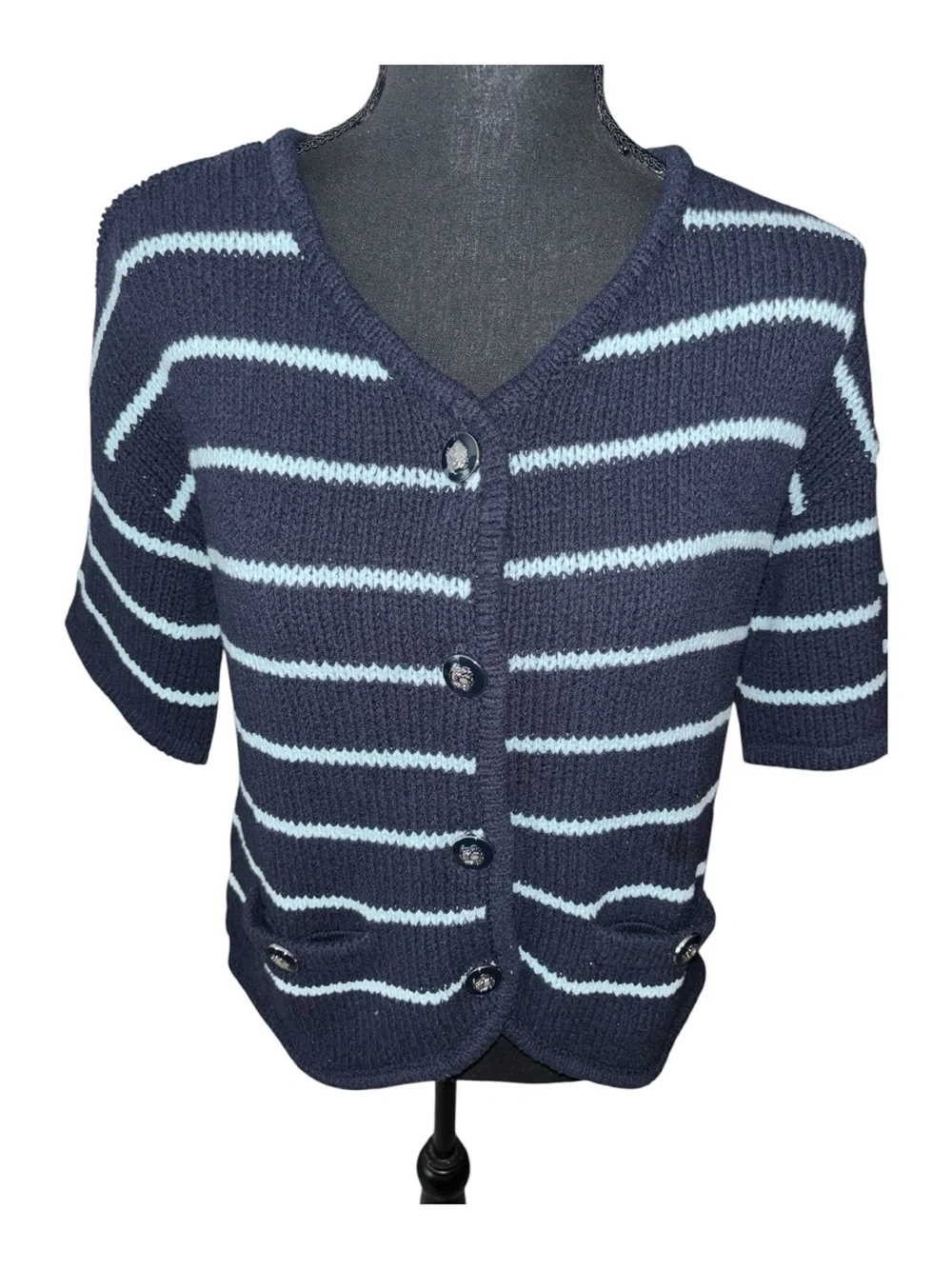 Talbots navy striped elbow sleeve sweater  Medium petite